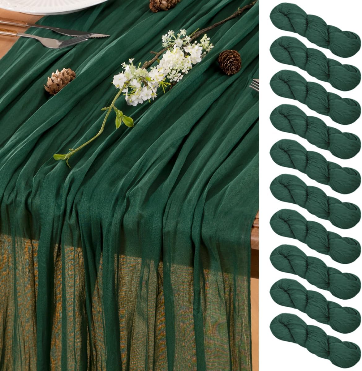 Emerald Green Cheesecloth Table Runner 10 Pack 10FT Farmhouse Table Runners 120 Inches Boho Decoration Fall Table Decor Dining Room Centerpiece Wedding Boho Baby Shower Birthday