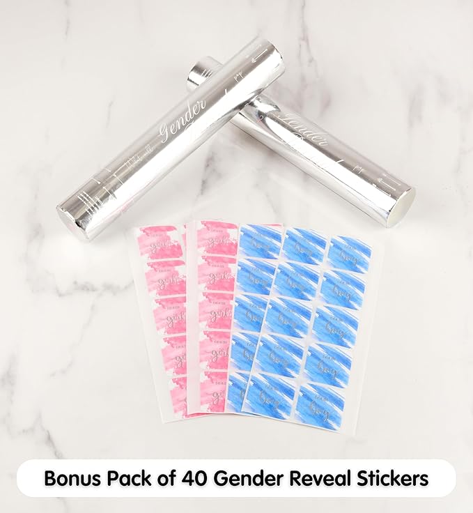 Gender Reveal Confetti Powder Cannon - 4 Pink Poppers - Gender Reveal Party Supplies - Smoke Powder & Confetti Cannons - Reveal Stickers 40pcs (20 Girl 20 Boy)
