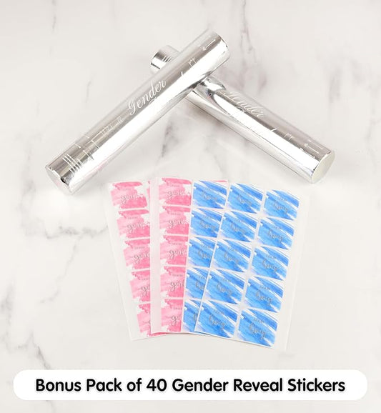 Gender Reveal Confetti Powder Cannon - 4 Pink Poppers - Gender Reveal Party Supplies - Smoke Powder & Confetti Cannons - Reveal Stickers 40pcs (20 Girl 20 Boy)