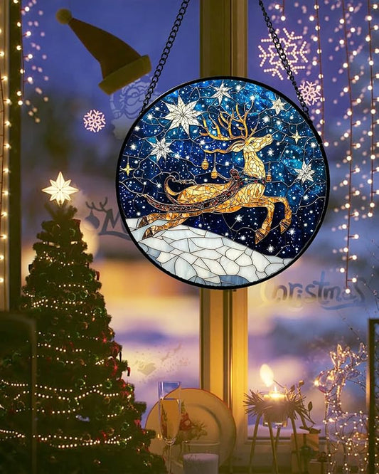 Stained Glass Window Hanging - Reindeer Blue Starry Sky Suncatcher for Doors Home Christmas Decoration Winter Sun Catcher Thanksgiving New Year Birthday Gifts for Women Men Mom Nana 15 in