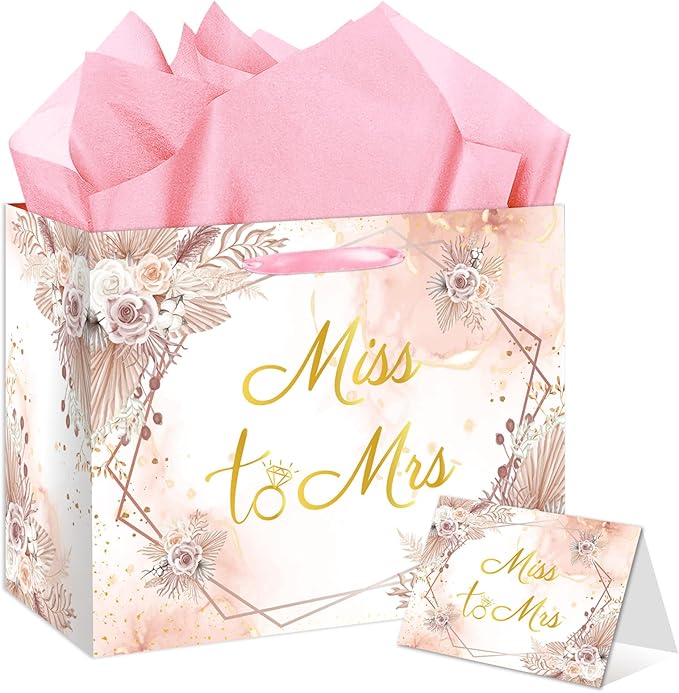 EIGHTSTATES Floral Boho Bridal Shower Gift Bag - Pink Miss to Mrs Wedding Gift Bags with Card & Tissue Paper - Bridal Shower Party Favors, Bachelorette Party Supplies & Wedding Gift Wrapping