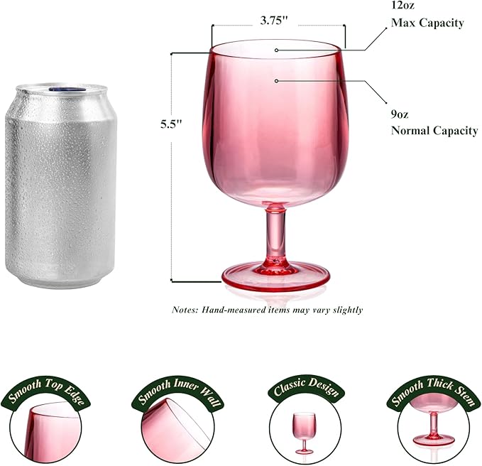12oz Colorful Stemmed Wines Cups (Set of 6), Shatter-Proof Acrylic Bar Glasses, BPA-Free, Dishwasher-Safe