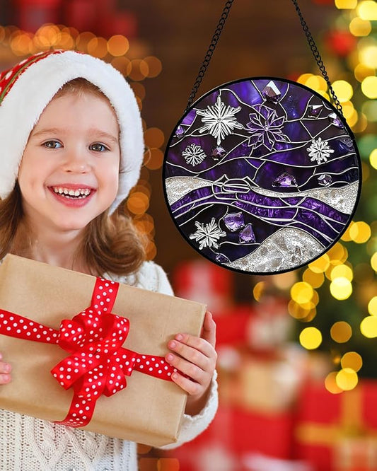 Stained Glass Window Hanging - Silver Purple Snowflakes Suncatcher for Doors Home Christmas Decoration Sun Catcher Thanksgiving New Year Birthday Gifts for Friend Women Men Mom Nana 9.8 in