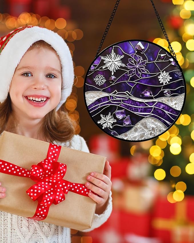 Stained Glass Window Hanging - Silver Purple Snowflakes Suncatcher for Doors Home Christmas Decoration Sun Catcher Thanksgiving New Year Birthday Gifts for Friend Women Men Mom Nana 15 in