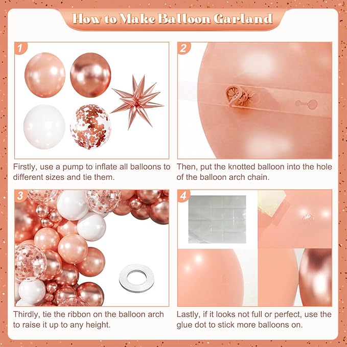 Rose Gold Balloon Garland Kit, 140Pcs Pearl Metallic Pink and White Confetti Balloons With Stars for Birthday Mothers Day Birdal Shower Wedding Sweet 16 Graduation Party Decorations