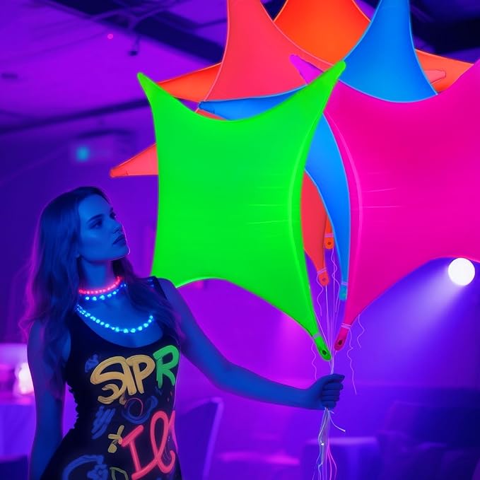 Mega-L Glow in the Dark Party Supplies, 5 Pcs Neon Star Balloons Set – Fluorescent Red, Lemon Yellow, Fuchsia, Blue and Orange Balloons Perfect for Birthday, Wedding, Anniversary, Graduation Party