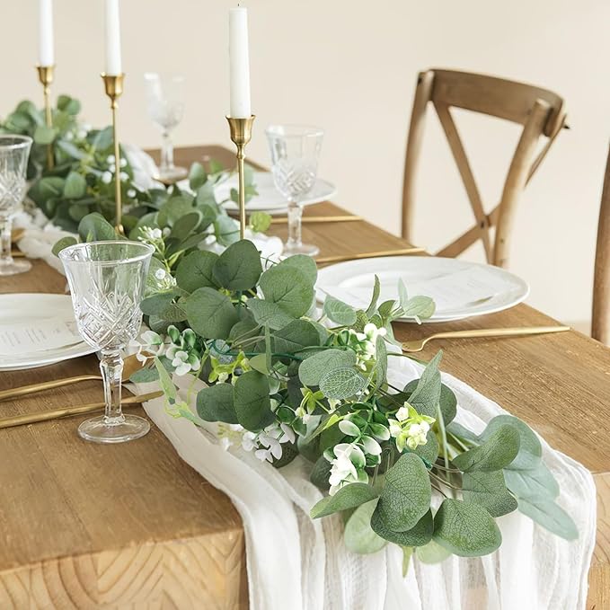 N&T NIETING 2 Pack Artificial Eucalyptus Garland with Flowers, Faux Greenery Garland Decor 6FT Eucalyptus Vines, Fake Hanging Vines Summer Garlands for Mantle Wedding Backdrop Easter Decorations