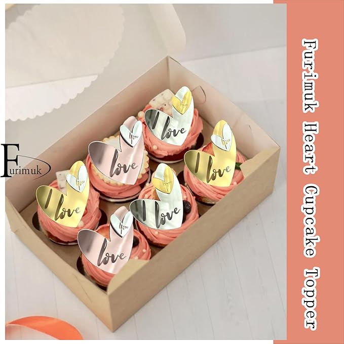 24 Pcs Love Heart Acrylic Cupcake Topper Cake Decoration Disc Mirror Acrylic Cake Topper Engraved Personalized Cake Topper for Valentine's Day Wedding Mother's Day (24, Gold Silver Rose)