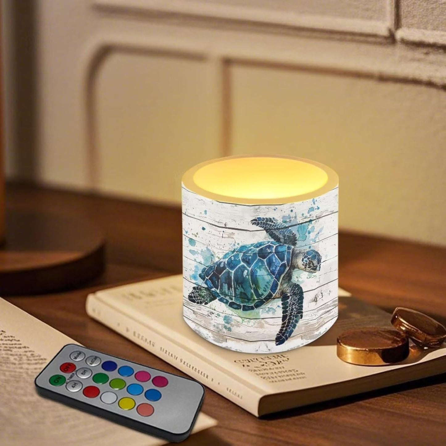 Poceacles 4 Piece Flameless LED Candles with Remote, Plastic Battery-Powered Candles with 12 Colors Changing Decorative Night Light for Home Holiday Decor, Watercolor Sea Turtle Wood Grain