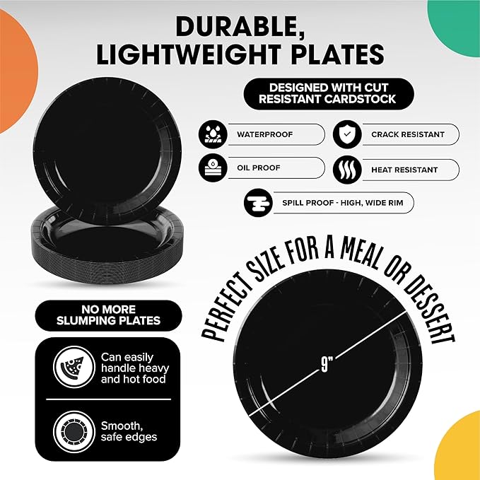 Exquisite Party Solids Black Paper Plates Disposable Heavy Duty 9 Inch Black Disposable Plates For Party 100 Pcs Heavy Duty 350 GSM, Birthday Supplies