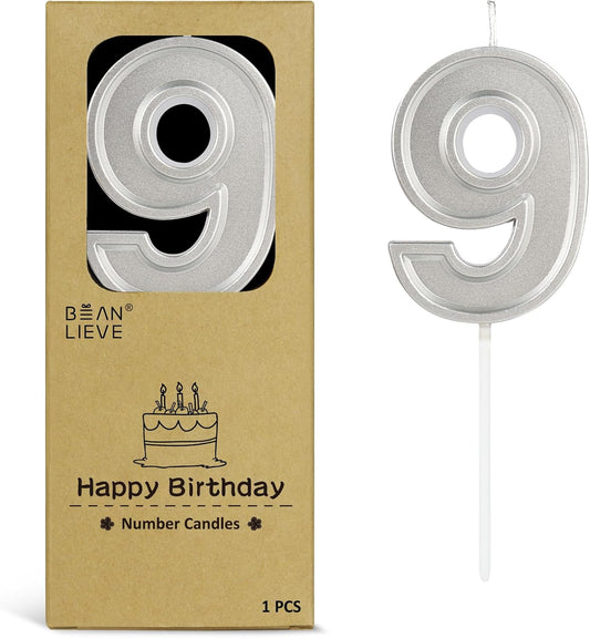 BEAN LIEVE Silver Birthday Candles Number 9, Silver Number Candles, Cake Number Candles for Birthday Parties and Wedding Anniversary Celebrations