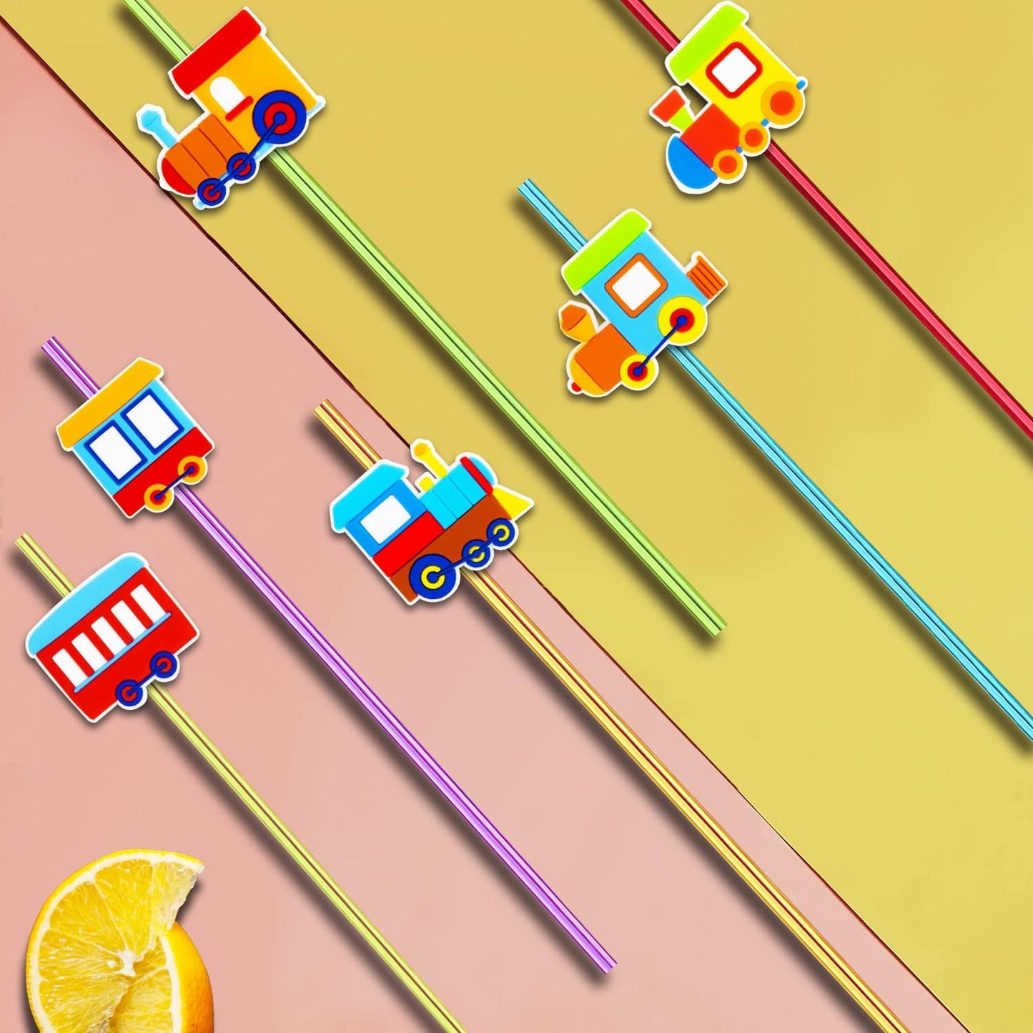 24 Pack Train Theme Reusable Plastic Straws - 6 Colors, Drink & Cocktail Straws with Cartoon Decoration - Kids Party Supplies & Birthday Favors - Includes 2 Cleaning Brushes
