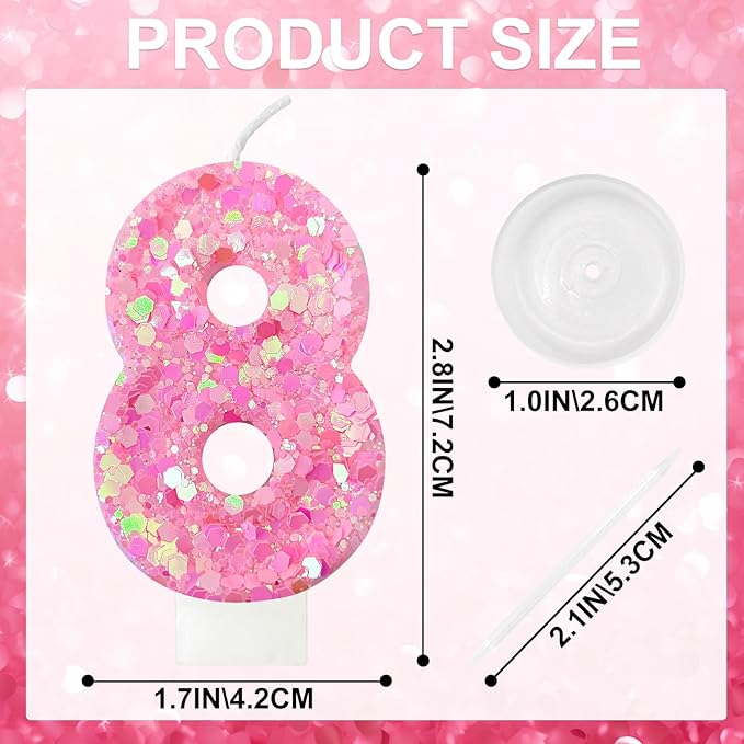 Zailo Birthday Number Candles, Glitter Number Candle Cake Decorations with Sequins, Cupcake Decorations for Girls, Women, Party Anniversary Celebrations (Number 8, Light Pink)