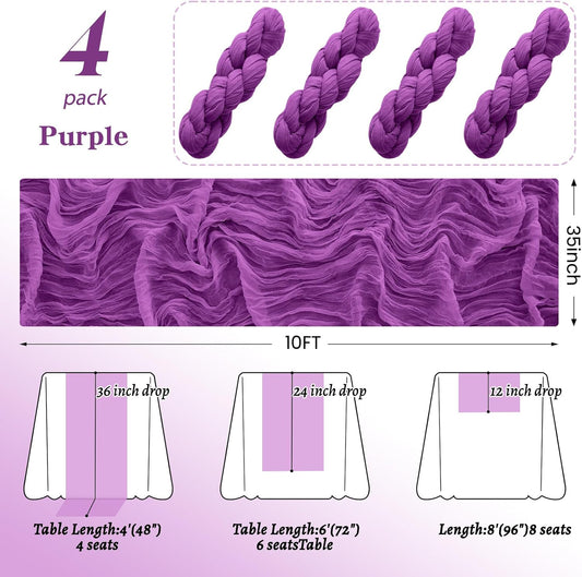 4Pack Purple Table Runner 10FT Cheesecloth Table Runner 35x120Inch Long Boho Cheese Cloth Table Runners Rustic Gauze Table Runners for Party Wedding Bridal Shower Baby Shower Decorations