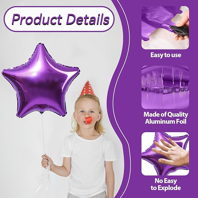 Purple Pink Star Foil Balloon, 10PCS Foil Stars Shape Balloons, 18 Inch Metallic Pink and Purple Stars Balloons for Helium Pentagram Balloon for Girls Birthday, Butterfly, Anniversary Party Decoration