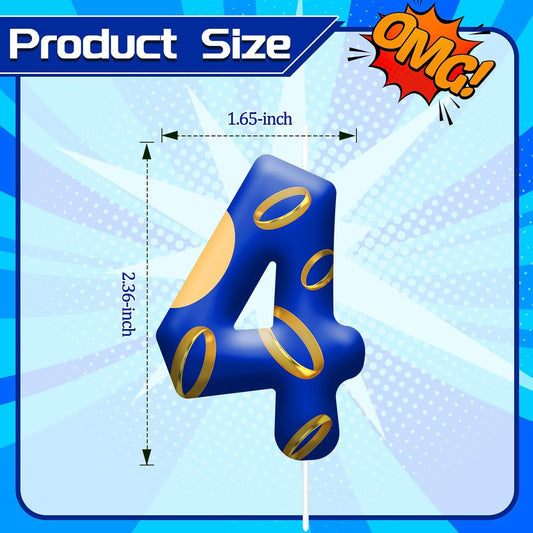 Birthday Cake Candles - Blue and Golden Ring Number Candles with Vibrant Designs for Boys & Girls, Theme Birthday Party Decorations,Cake Toppers for Theme Parties(Number 4)