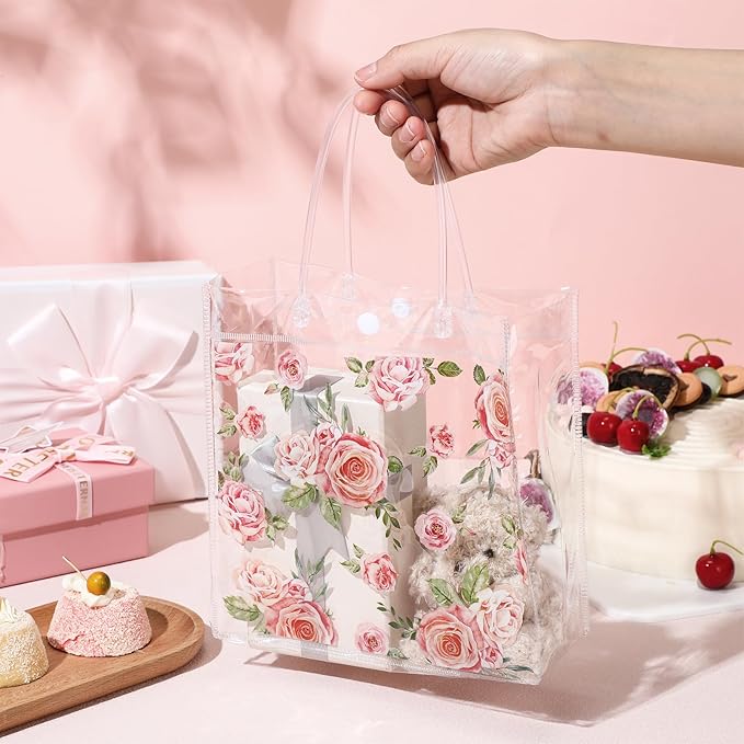 Aliceset 20 Pcs Clear Floral Clear Gift Bags with Handles PVC Flower Rose Party Goodie Treat Bag for Mother's Day Mom Tea Party Baby Shower Spring Birthday Bridal Shower, 8 x 8 x 3.15 Inch