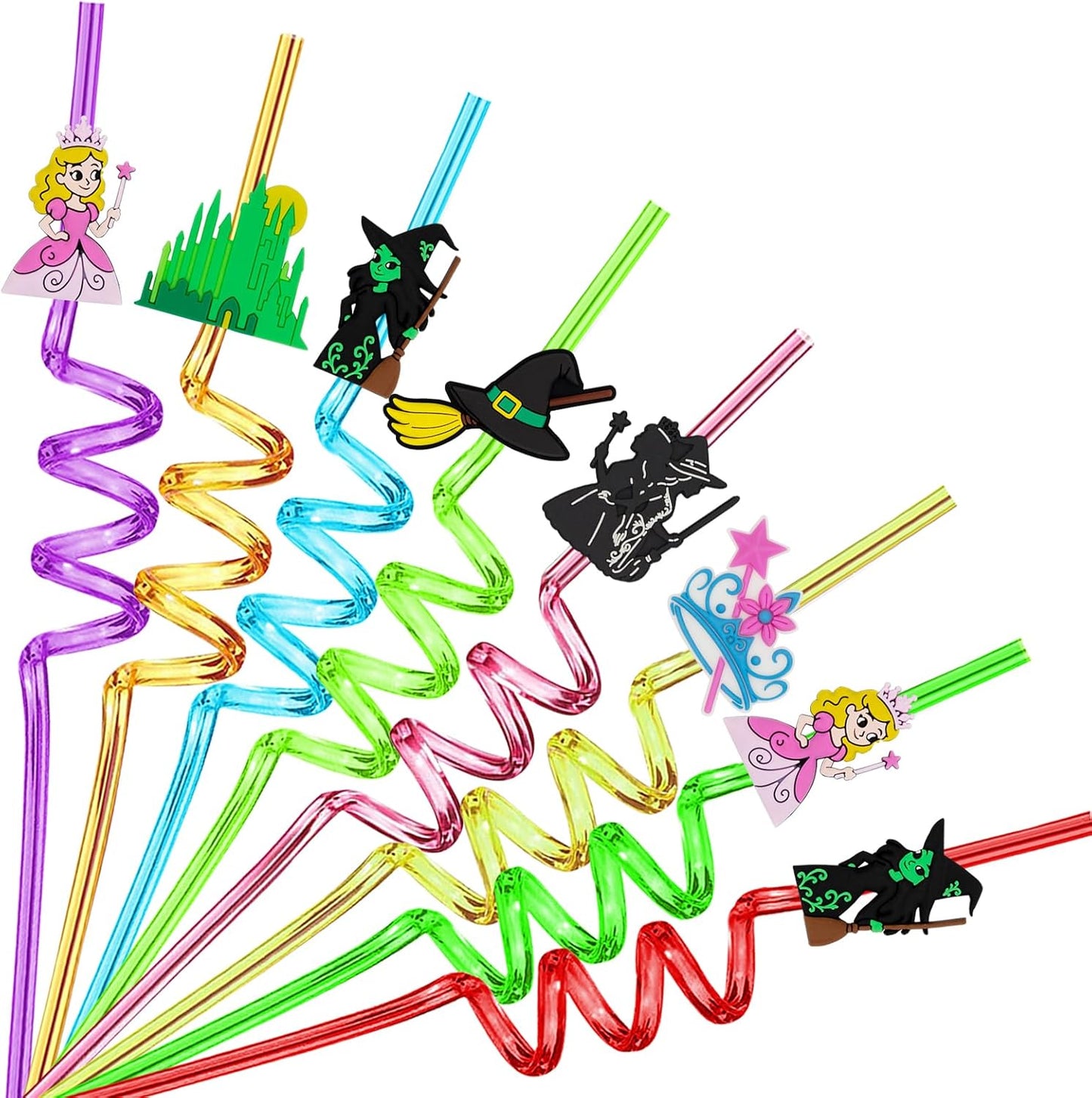 Witch and Princess Reusable Straws Wizard Birthday Party Decorations Fun Witch Straws Pink & Green Themed Party Decor Birthday Supplies with 2 Brushes
