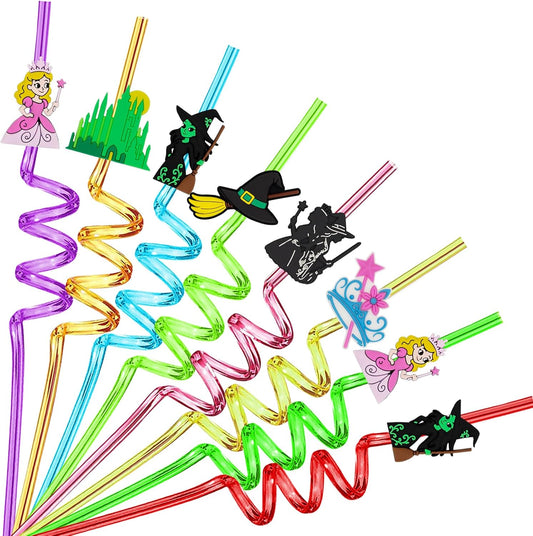 Witch and Princess Reusable Straws Wizard Birthday Party Decorations Fun Witch Straws Pink & Green Themed Party Decor Birthday Supplies with 2 Brushes