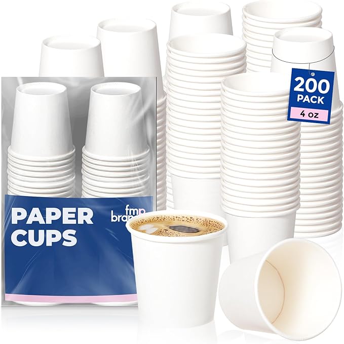 Fit Meal Prep [200 Pack] 4 oz Disposable White Paper Cups - On the Go Hot and Cold Beverage All-Purpose Sampling Portion Cup for Coffee, Espresso, Cortado, Water, Tea and Juice, Food Grade Safe
