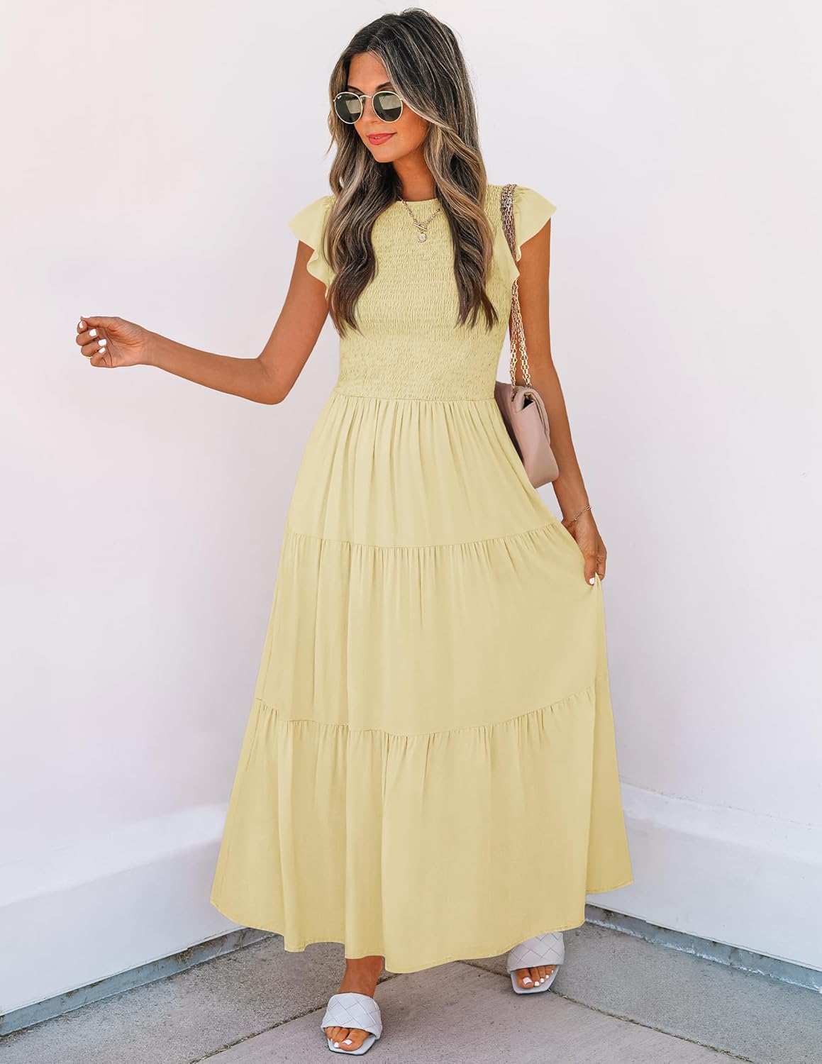 ZESICA Women's 2025 Summer Casual Flutter Short Sleeve Crew Neck Smocked Elastic Waist Tiered Midi Dress