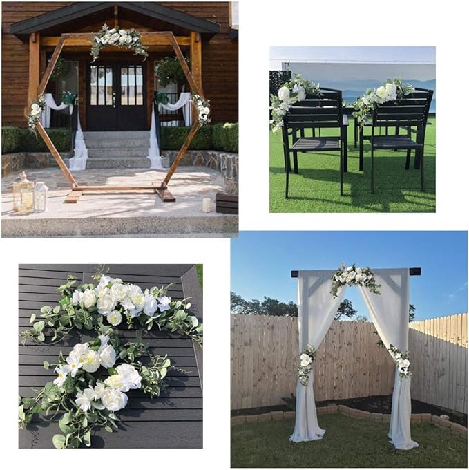 Wedding Arch Flowers,3Pcs Set White Rose Decorative Floral Swags, Artificial Greenery Eucalyptus Leaves Flower For Sheer Drapes, Wedding Chair, Arbor, Wedding Ceremony and Reception Arrangement