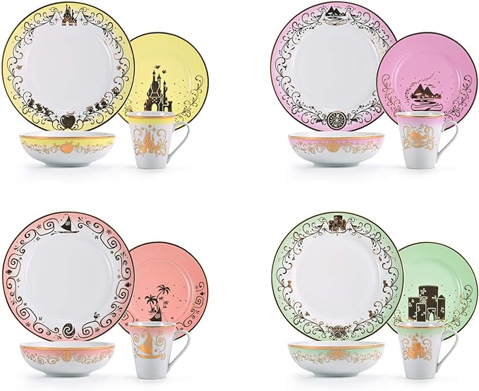 Disney Princess 16-Piece Ceramic Dinnerware Set | Merida, Pocahontas, Moana, Snow White | Home Kitchen Essentials For Dining Room | Includes Dinner Plates, Soup Bowls, Mugs | Place Setting For 4