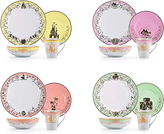 Disney Princess 16-Piece Ceramic Dinnerware Set | Merida, Pocahontas, Moana, Snow White | Home Kitchen Essentials For Dining Room | Includes Dinner Plates, Soup Bowls, Mugs | Place Setting For 4