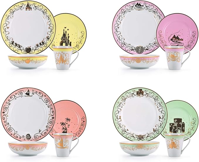 Disney Princess 16-Piece Ceramic Dinnerware Set | Merida, Pocahontas, Moana, Snow White | Home Kitchen Essentials For Dining Room | Includes Dinner Plates, Soup Bowls, Mugs | Place Setting For 4