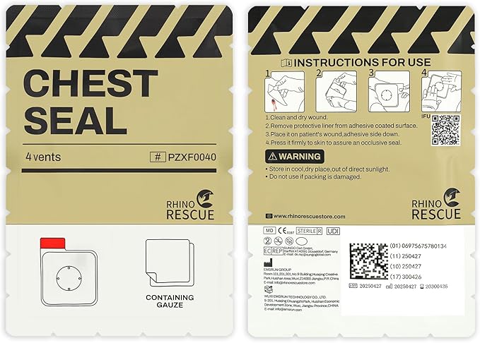 RHINO RESCUE Vented Chest Seal, 4 Vents, Sterile Emergency Trauma Dressing, Occlusive Adhesive Pad, IFAK Trauma Refill Medical First Aid Supplies for Wound Care, Gunshot Wound, Sucking Chest(2 Count)
