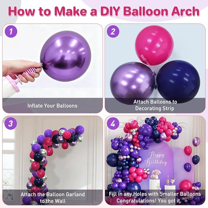Purple Blue Red Balloon Garland Arch Kit, 167Pcs Hot Pink Midnight Blue Metallic Purple Silver and Star Foil Balloons for Princess Girl Women Birthday Bridal Baby Shower Party Decoration