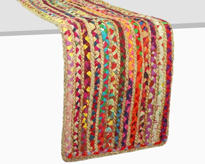 COTTON CRAFT Jute Chindi Table Runner - Braided Handwoven Reversible Tablerunner - Summer Fall Harvest Holiday Festive Party Boho Rustic Farmhouse Dining Kitchen Tabletop - 13 x 72 inch - Multicolor