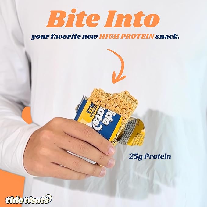 Crispy Rice Protein Treat Peanut Butter Bar | 25 g Protein, No Added Sugar, 7 g Fiber, Gluten Free | High Protein Snack for On-the-Go, Post-Workout or Dessert Cravings | 8 Count | TideTreats