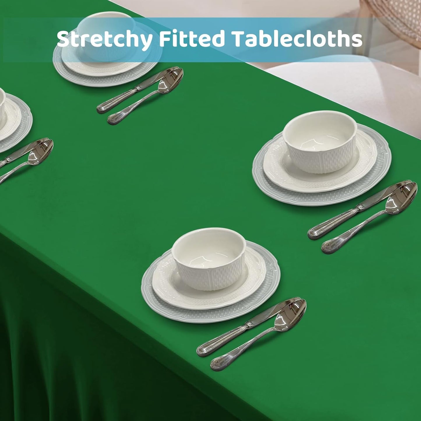 Table Skirts for 6ft Rectangle Tables - 2PCS Green Table Covers for 6 Foot Tables, Wrinkle Resistant Ruffles Elastic Table Cloths and Table Skirt for Banquets/Weddings/Parties/Birthday
