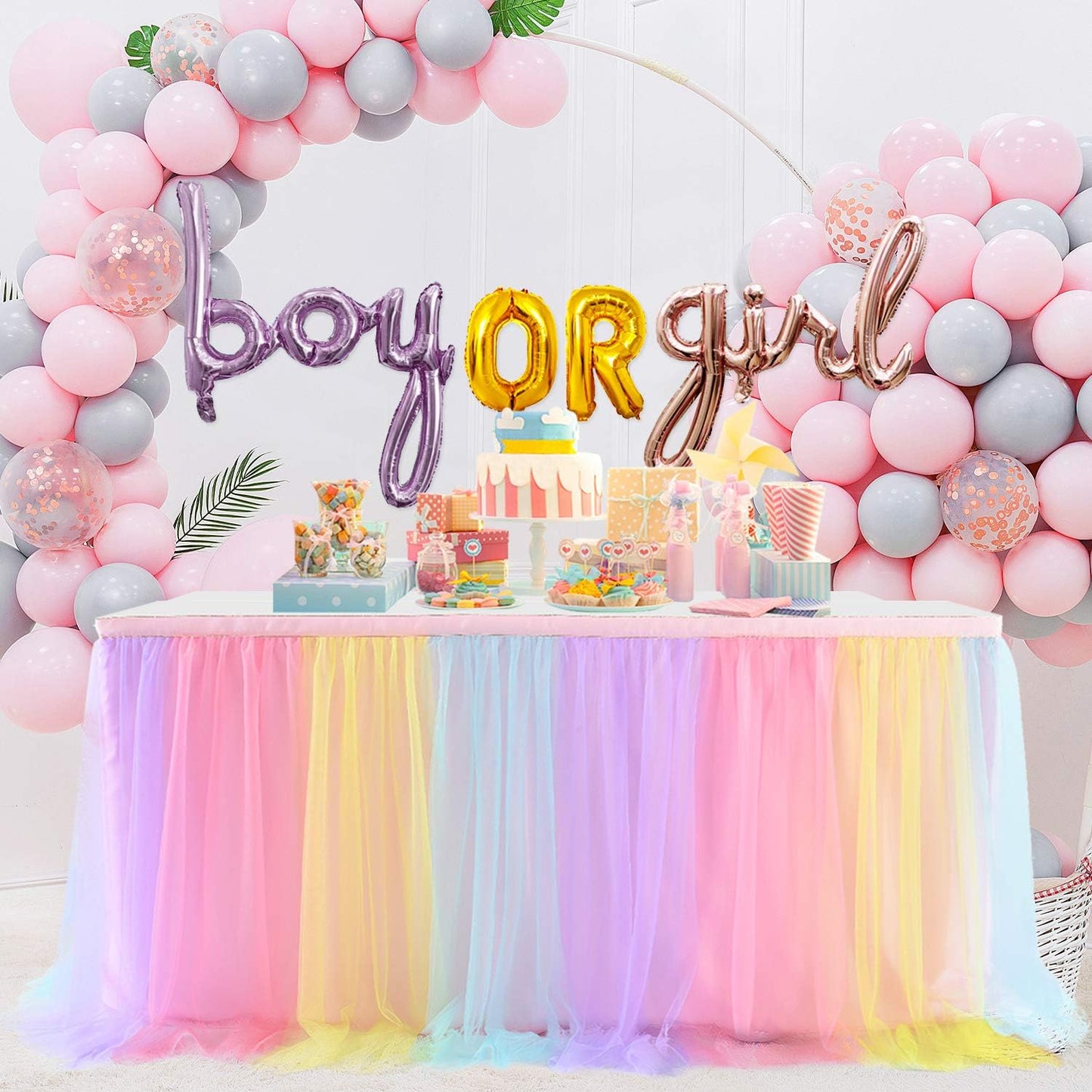 Suppromo Rainbow Table Skirt for Baby Shower Girl Birthday Party 9ft Tulle Tutu Table Skirt Decorations for Gender Reveal Unicorn Theme Party Decorations(L9(ft) H 30in, Rainbow)