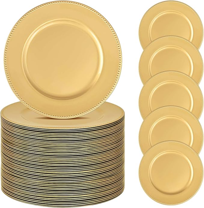50 Pcs Gold Charger Plates Bulk, 13" Round Beaded Plate Chargers for Dinner Plates, Decorative Dinner Chargers Plastic Table Chargers for Wedding Holiday Party Baby Shower Event Decoration (Gold)