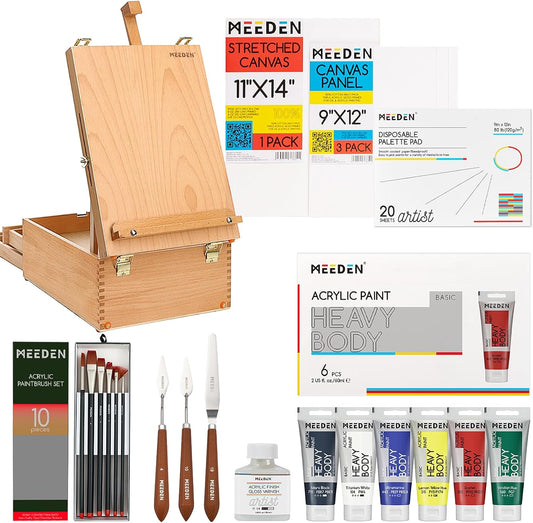 MEEDEN Acrylic Paint Set - 35 PCS Painting Kits for Adults with Tabletop Sketch Box Easel, Paint Brushes, Heavy Body Acrylic Paints, Canvas & Accessories - Premium Art Supplies for Beginners & Artists