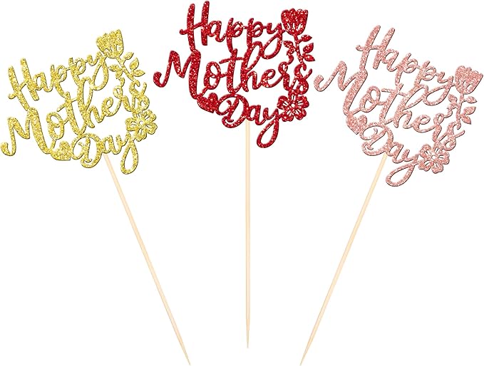 12 PCS Happy Mother's Day Centerpiece Sticks Double Sided Glitter Rose Love Best Mom Centerpieces for Happy Mother's Day Theme Table Flower Decorations Women Birthday Party Supplies Colorful