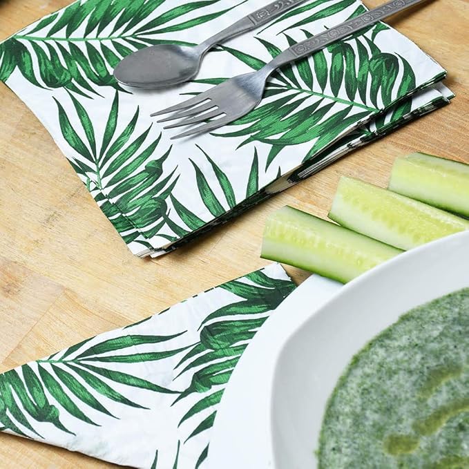 SOLAS 20 Pack Square Green 2-Ply 6 1/2' (16.5cm) Biodegradable Palm Leaf Paper Napkins - Perfect for Luau, Outdoor Wedding, Bridal Shower Parties