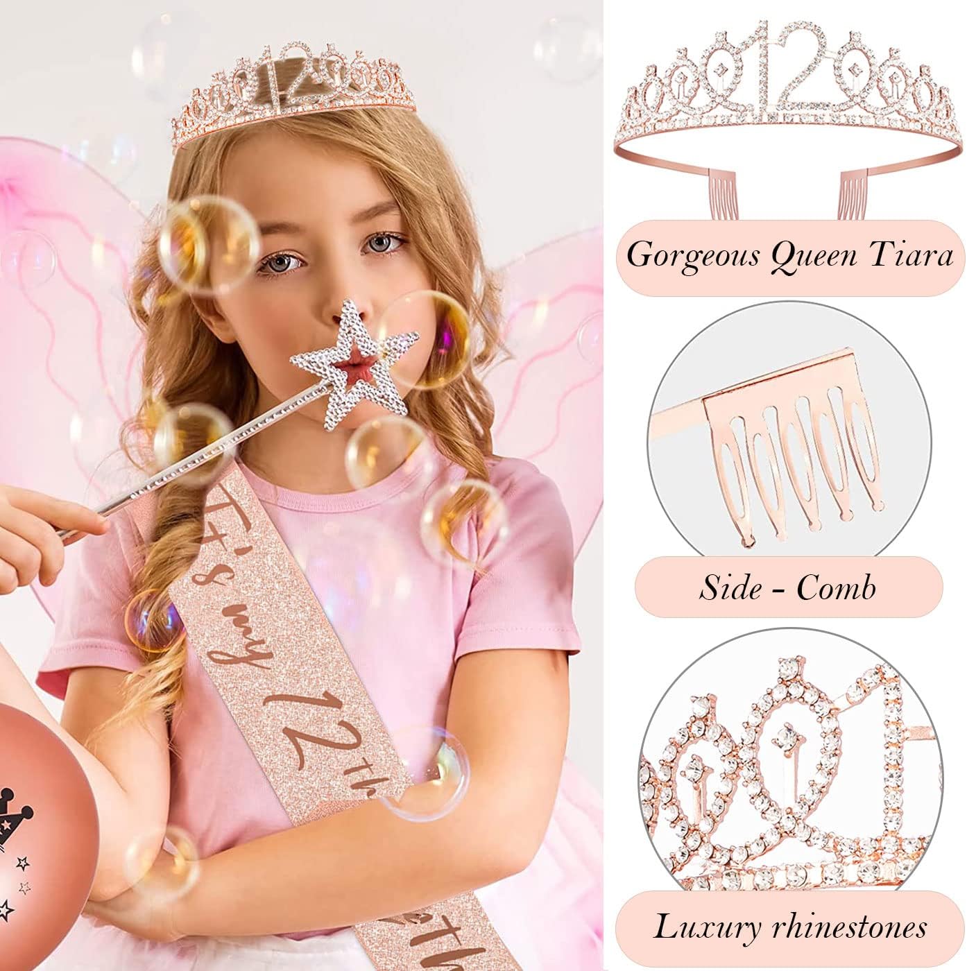 12th Birthday Decorations for Girls, Including 12 year old Cake Topper, Birthday Queen Sash with Pearl Pin, Sweet Rhinestone Tiara Crown, Number Candles and Balloons Set, Rose Gold