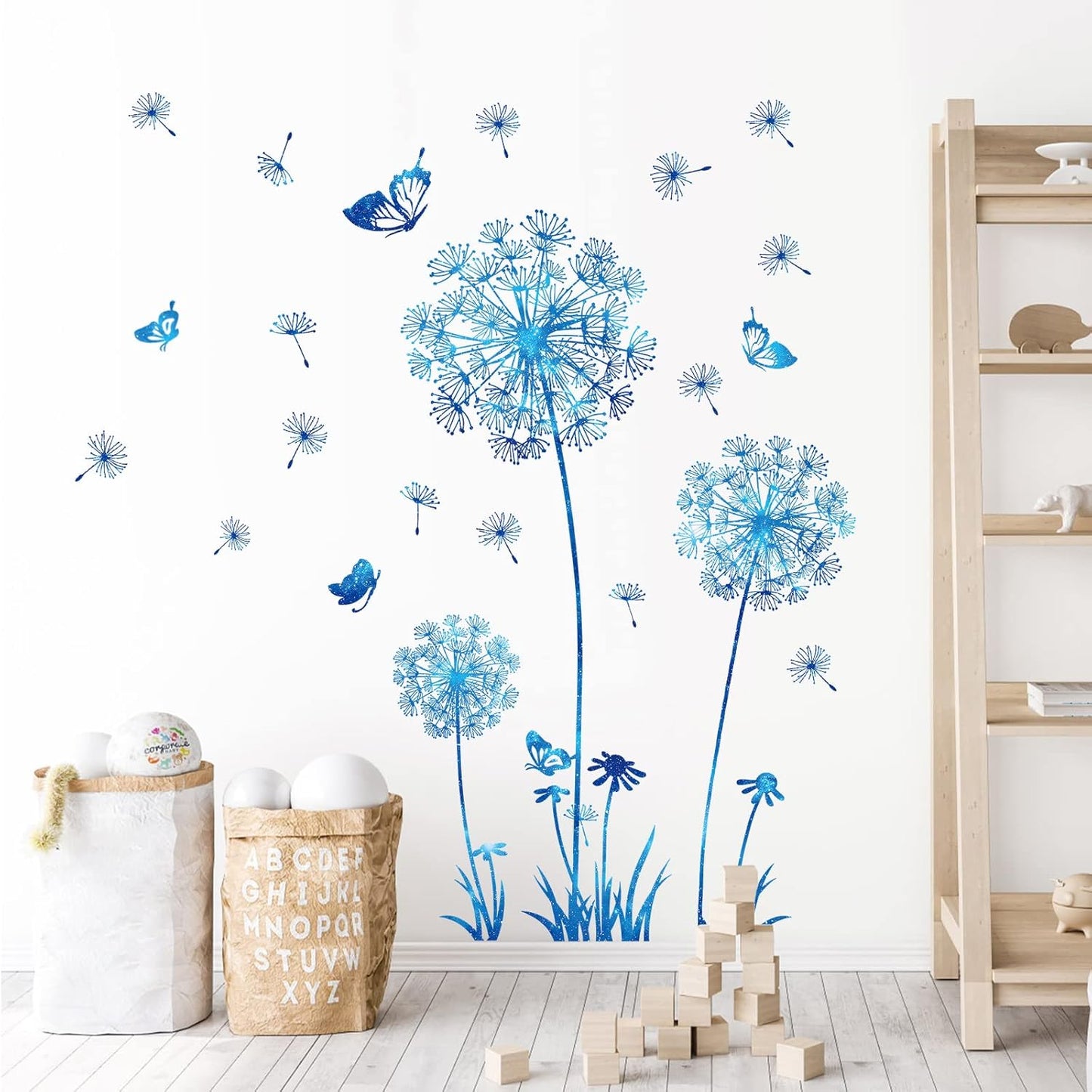 Dandelion Wildflower Wall Decals Art, Calcomanías para Pared Peel and Stick Floral Butterflies Flying Decor for Girls Kids Women Baby Nursery Room Bathroom Sofa Backdrop TV Wall (Light Blue)