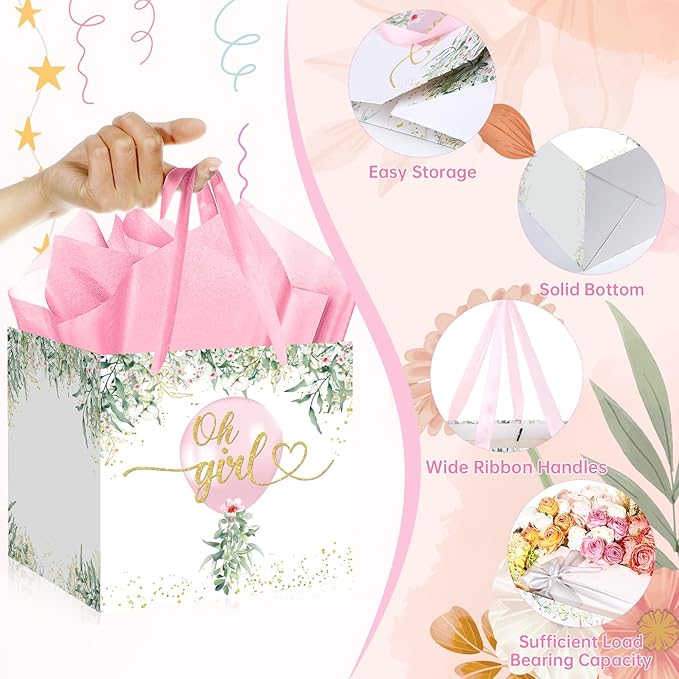 Woosytoo Extra Large Baby Girl Gift Bag Greenery Baby Shower Square Gift Bags with Tissue Paper Oh Girl Watercolor Pink Balloon Wrapping Paper Bag for Girls Baby Shower Gender Reveal Party Favors