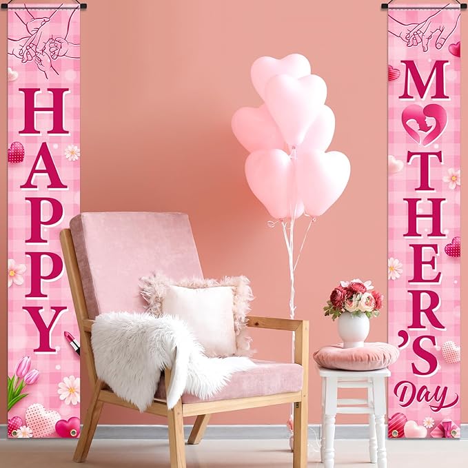 Happy Mother's Day Porch Banner Decorations,Mothers Day Porch Sign Pink Heart Flowers Mother's Day Indoor Outdoor Hanging Banner for Best Mom Ever,Mothers Day Birthday Party Decor