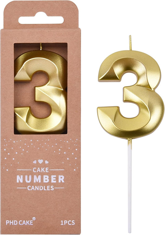 PHD CAKE 2.76 Inch Diamond Gold 3 Number Birthday Candles, Gold Number Candles, Cake Number Candles, Party Celebration