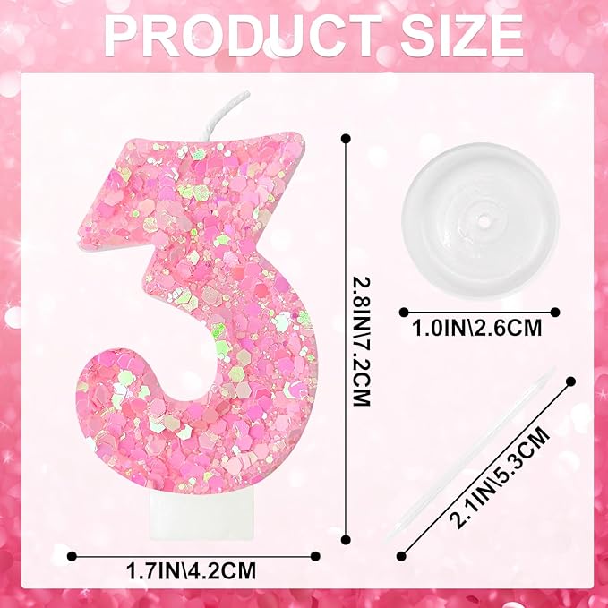 Zailo Birthday Number Candles, Glitter Number Candle Cake Decorations with Sequins, Cupcake Decorations for Girls, Women, Party Anniversary Celebrations (Number 3, Light Pink)