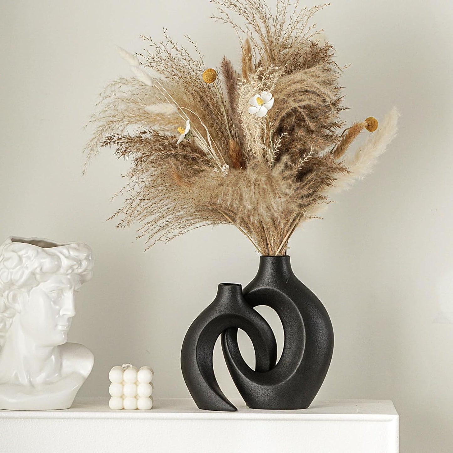 Snuggle Hollow Modern Ceramic Vase Set of 2, Mid Century Nordic Aesthetic Decorative Vase Decorative Vases for Home Table Decor (Matte Black W 6.3" X H 8.4")