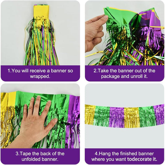 BEISHIDA 3 Packs Metallic Foil Fringe Garland Green Gold Purple Wall Hanging Tinsel Fringe Banners for Car Floats Bridal Shower Wedding Birthday Easter Graduation Holiday Party Deco(30 Feet)
