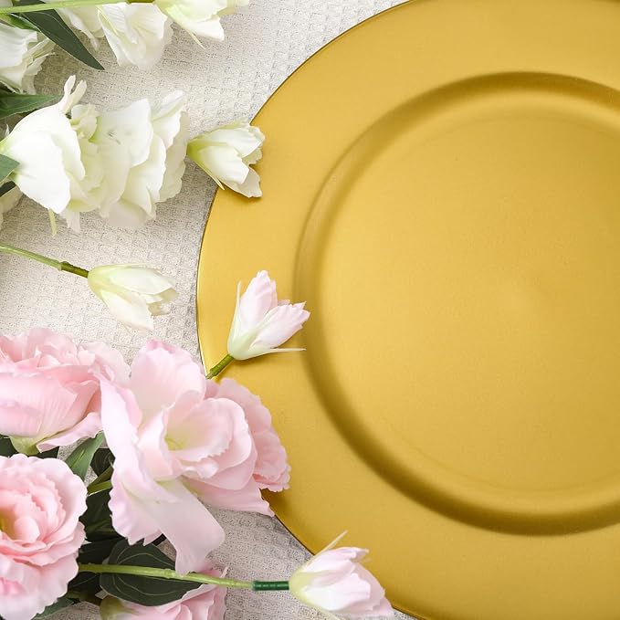 18 Pcs Golden Charger Plates Bulk,13 Inch Plastic Gold Dinner Round Tray Charger Tableware Dish for Table Setting Wedding Holidays Party Decor