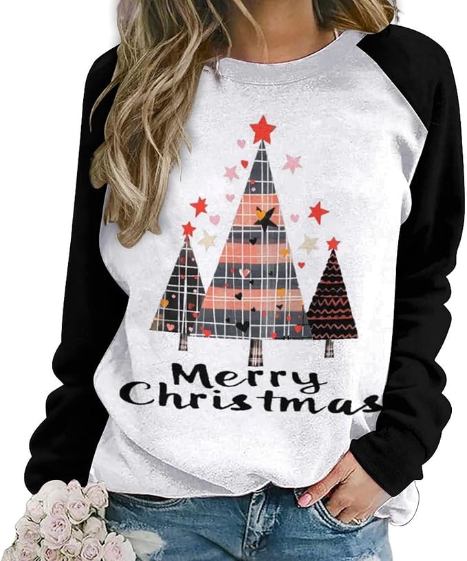 LOAIHA Christmas Sweatshirts for Women Christmas Tree Graphic Shirt Xmas Long Sleeve Merry Christmas Pullover Blouse