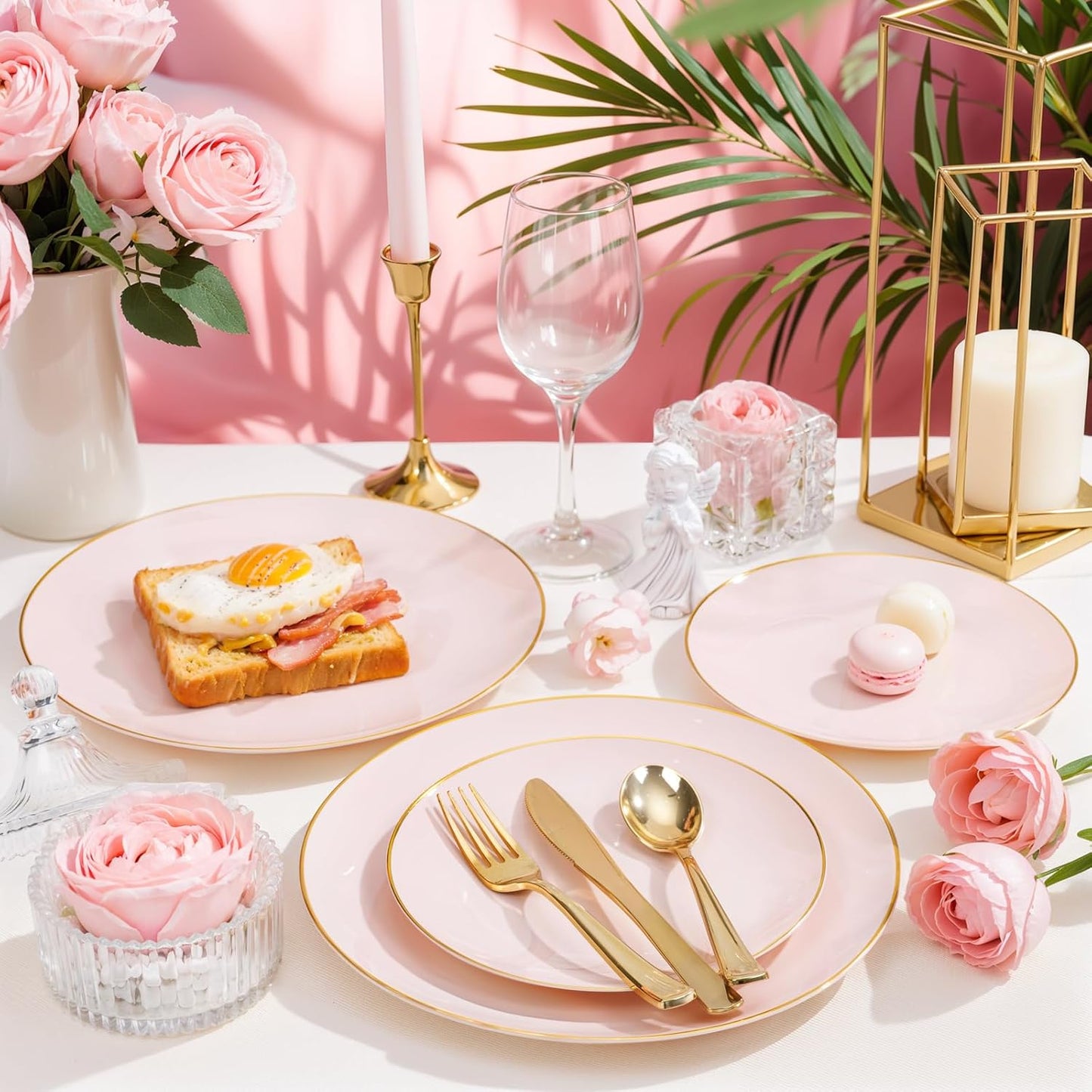 Nervure 100Pieces Pink and Gold Plastic Plates - 7.5inch Disposable Pink Salad/Dessert Plates - Heavy Duty Plastic Plate Ideal for Wedding & Party